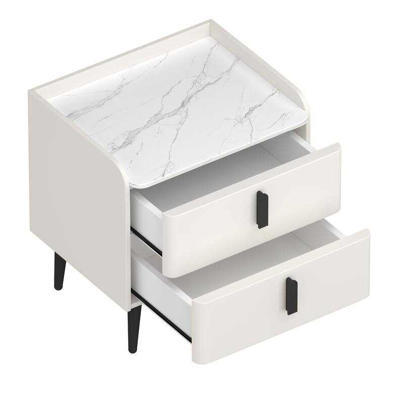 Nightstands Set of 2: 2-Drawer Marble-Pattern Top Modern Bedside/End Table - White