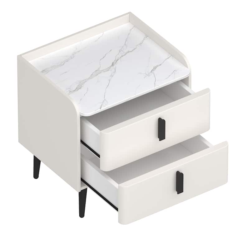Roomfitters Modern Nightstand with 2 Drawers and Marble-Pattern Top, Bedside or End Table for Bedroom and Living Room
