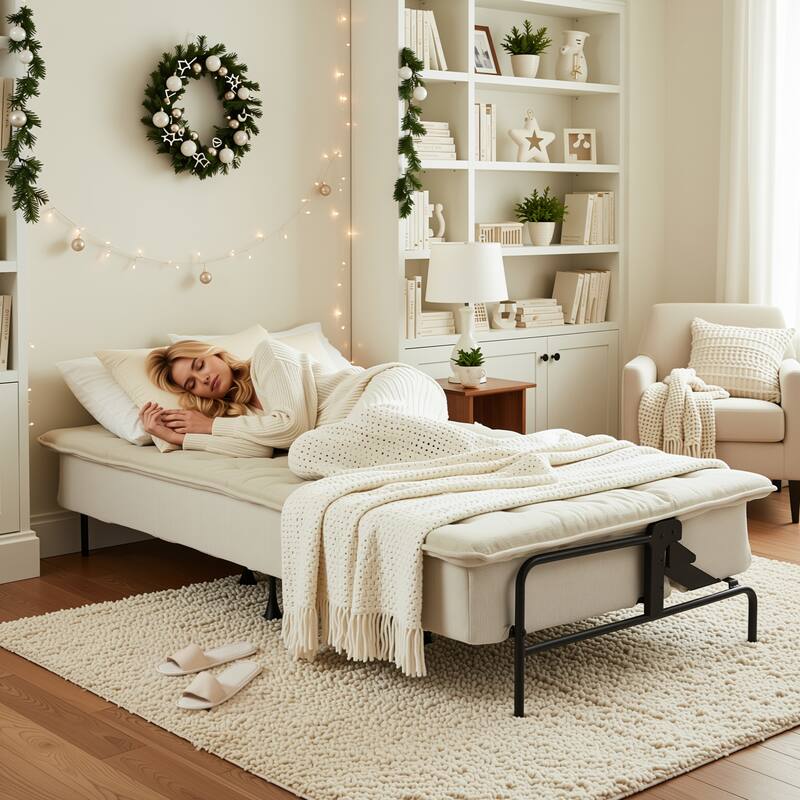 Homy Casa Modern Convertible Sofa Bed, Beige Futon Couch with Metal Frame