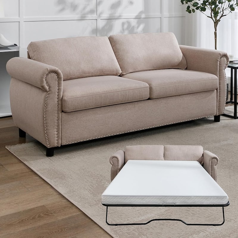 Mixoy Pull Out 2 in 1 Sleeper Sofa Bed with Mattress,Convertible Upholstered Loveseat with Nailhead - Full Size - Beige