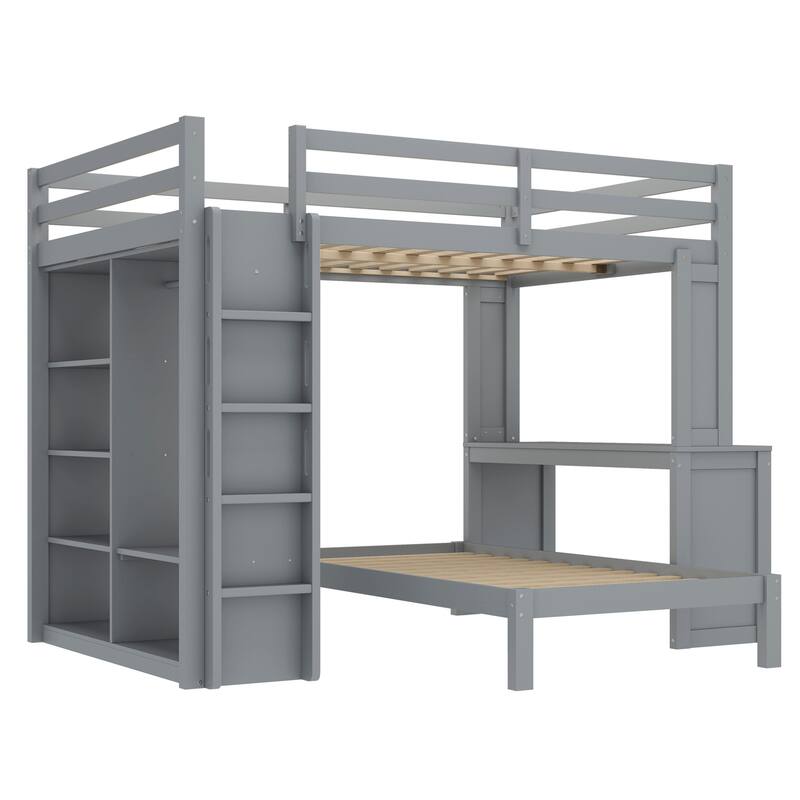 Convertible Solid Wood Loft Bed with Desk, Wardrobe, and Shelves, Grey