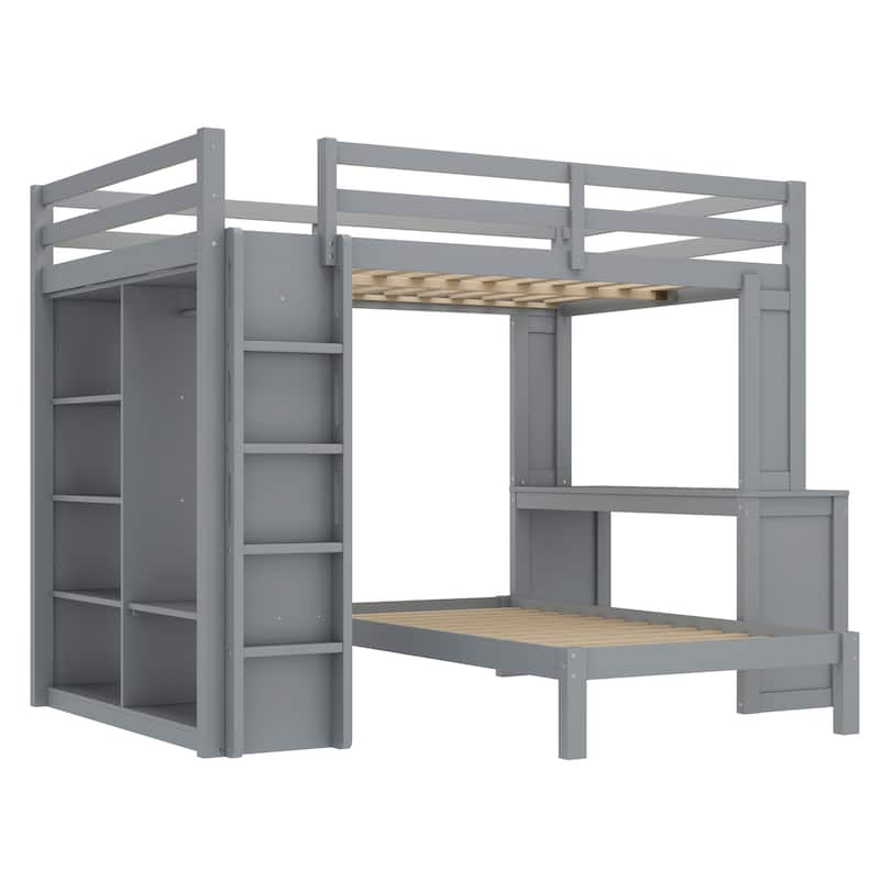 Queen Size Loft Bed & Twin Size Platform Bed Set, Wood Bunk Bed with Built-in Desk, Open Shelves and Wardrobe, Queen Over Twin