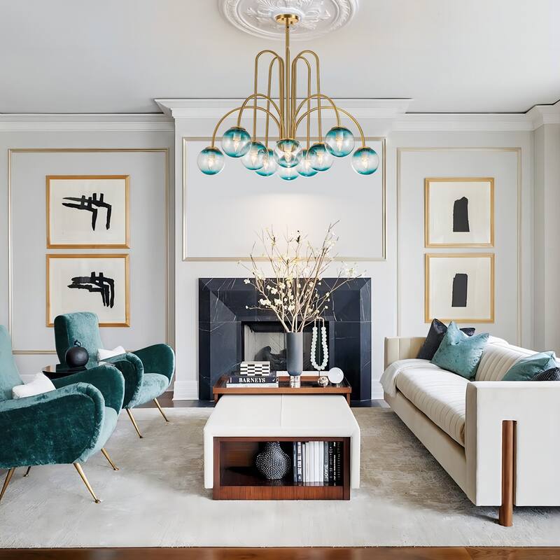 10-Light Modern Glam Sputnik Gradient Blue Glass Globe Bubble Chandelier for Living/Dining Room - 38.5 in. W x 22.8 in. H