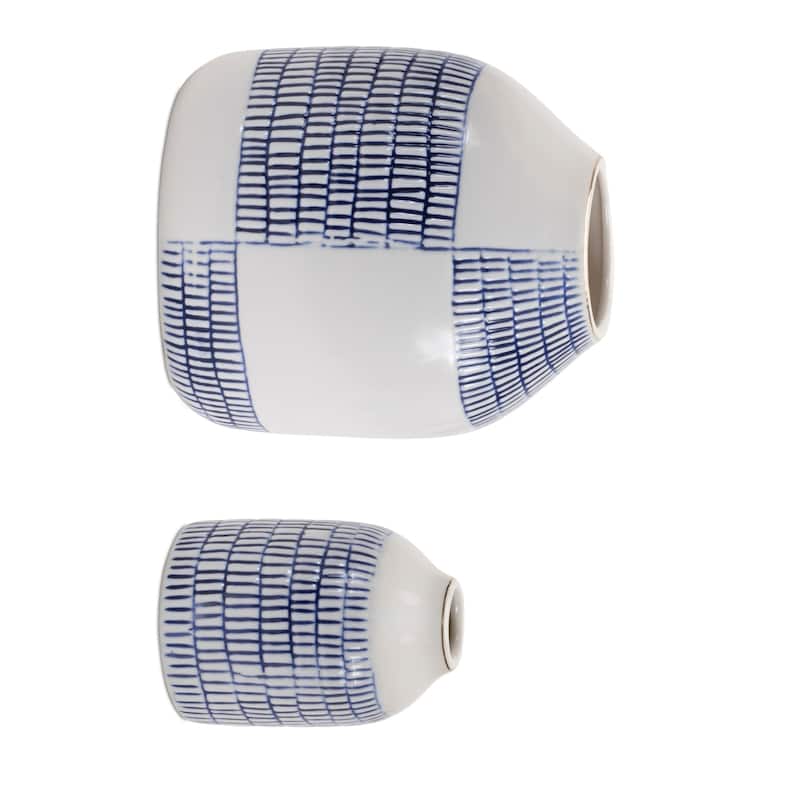 Etched Checker Ceramic Bud Vase - 6.5" - White and Blue - Set of 2