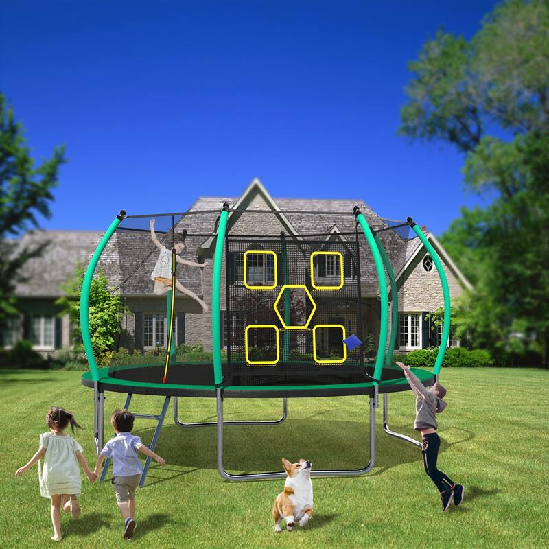 12FT Trampoline, Outdoor Trampolines for Kids and Adults, Recreational Trampoline with Enclosure Net Ladder
