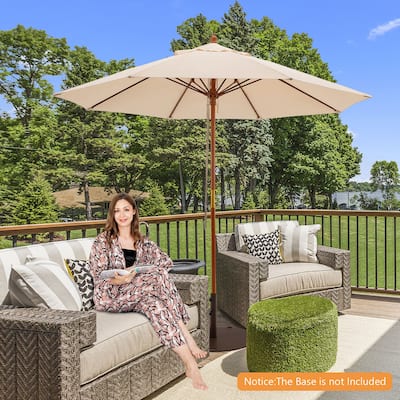 9.5 FT Patio Rope Pulley Wooden Umbrella Market w/Fiberglass Ribs