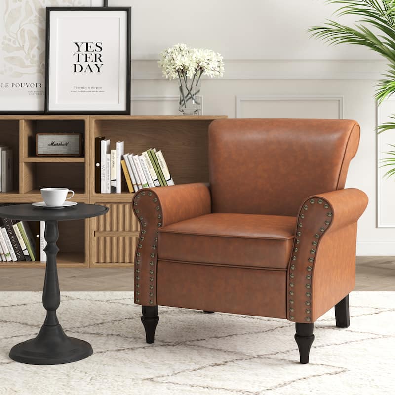 Mid-Century Modern Accent Chairs with Nailhead Trim - Faux Leather - Grey