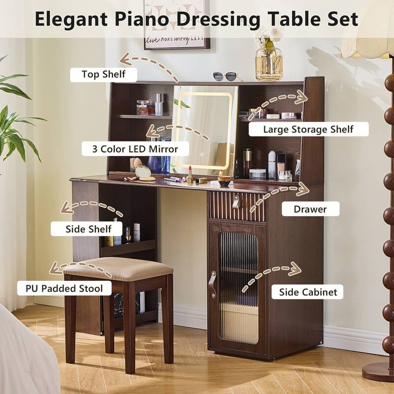 Mid-Century Modern Makeup Vanity Desk Set Includes Dressing Table & Stool, Sliding Makeup Mirror with 3-Color LED Light, Walnut