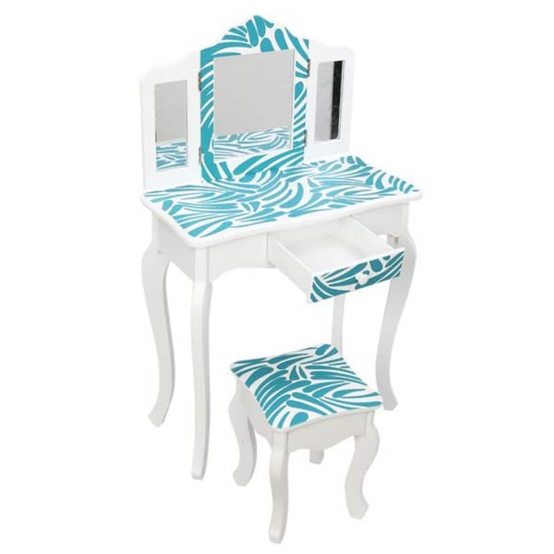 Three-Fold Mirror Single-Drawing Curved Foot Children Dressing Table Blue Zebra - 23.63 x 11.03 x 38.59