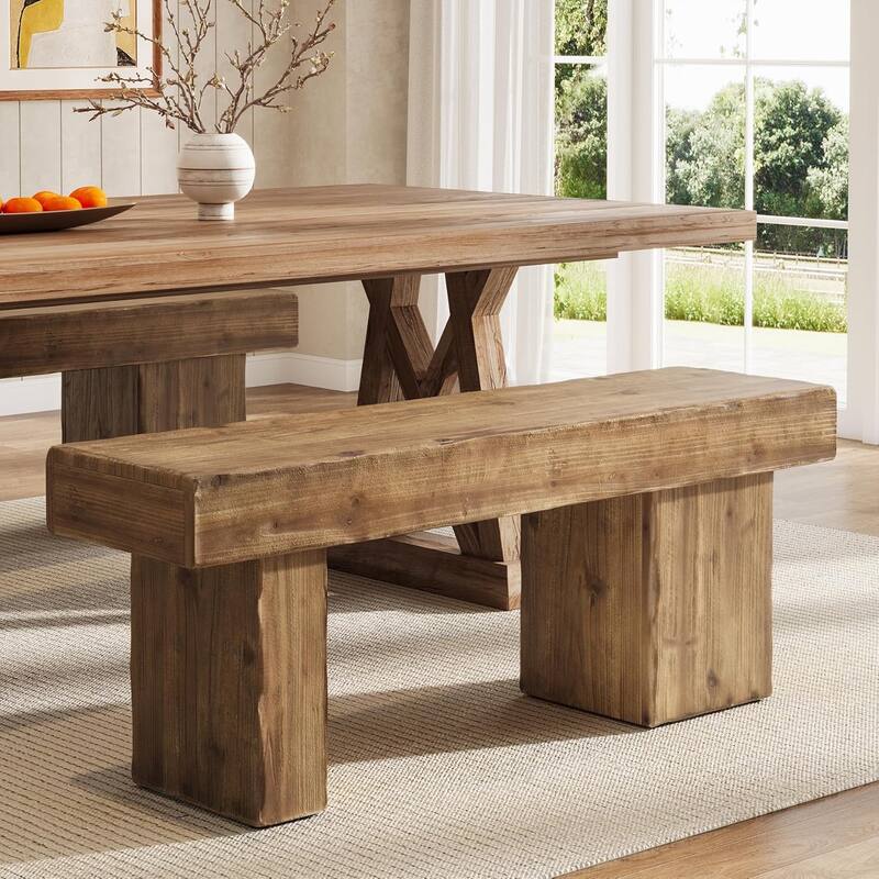 47" Thickened Solid Wood Bench, Rustic Farmhouse Entryway Bench with Artistic Legs