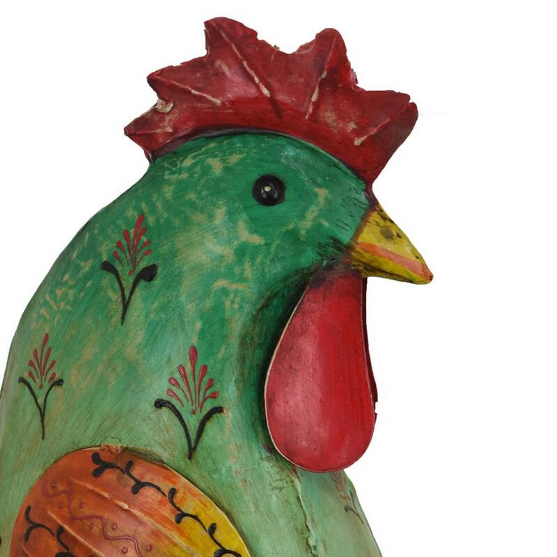 Rookie Painted Rooster, Garden Decor, Green Red Yellow Metal, 26 Inch