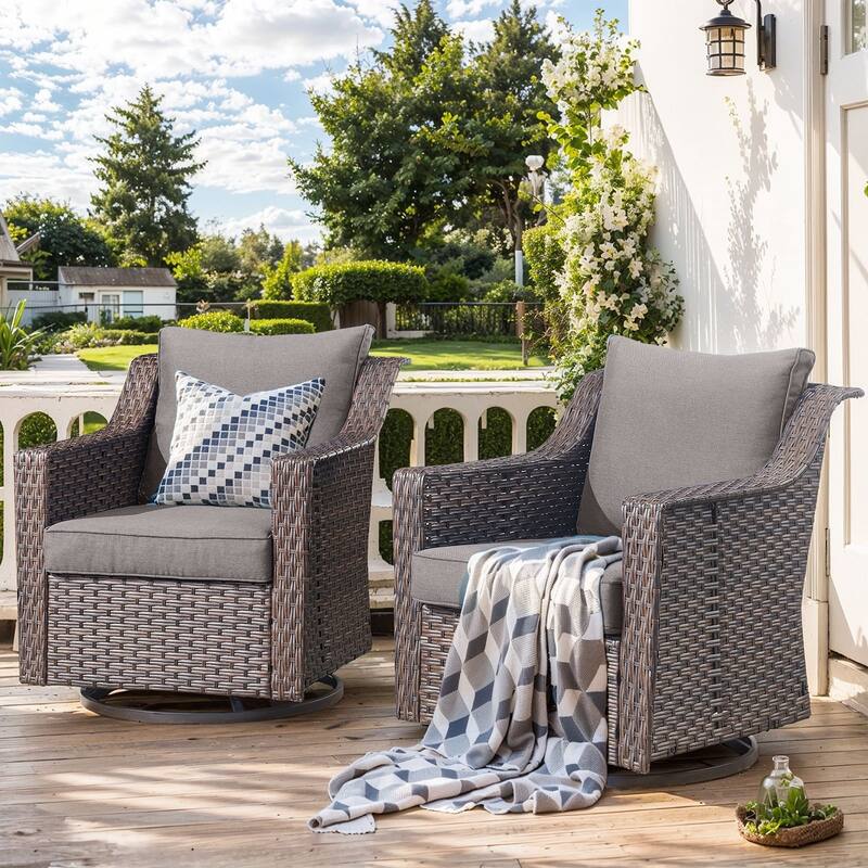 Outside Patio Sofa Chair Set with Cushions - Brwon Wicker Grey Cushion - 2PCS Swivel Chair