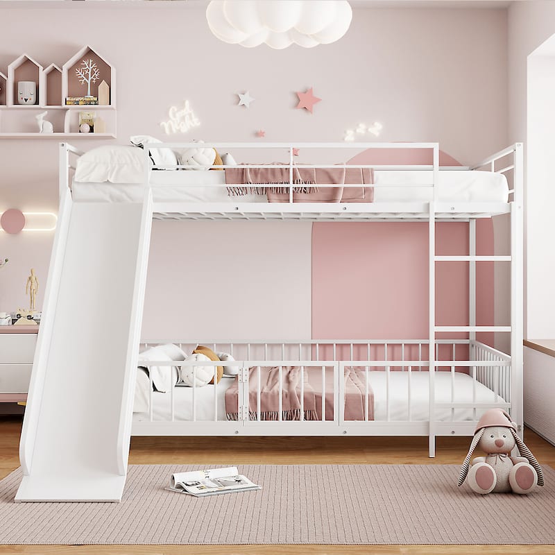 White Full over Full Size Metal Bunk Bed with Slide and Guardrails for Kids, Boys and Girls, Bedroom