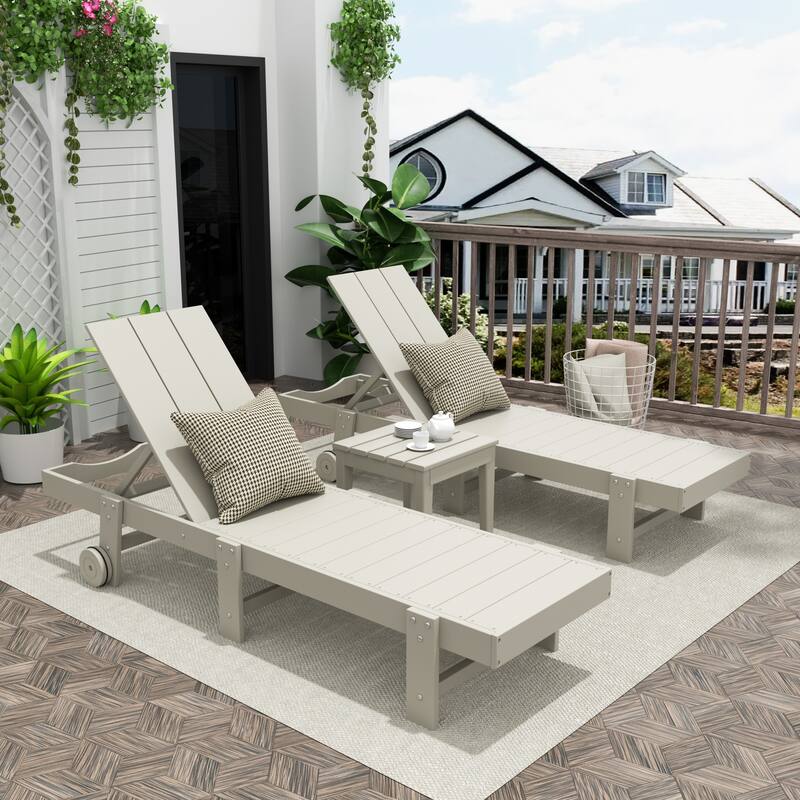 Polytrends Shoreside Modern Poly Eco-Friendly All Weather Reclining Pool Chaise Lounge With Wheels and Side Table (3-Piece Set)