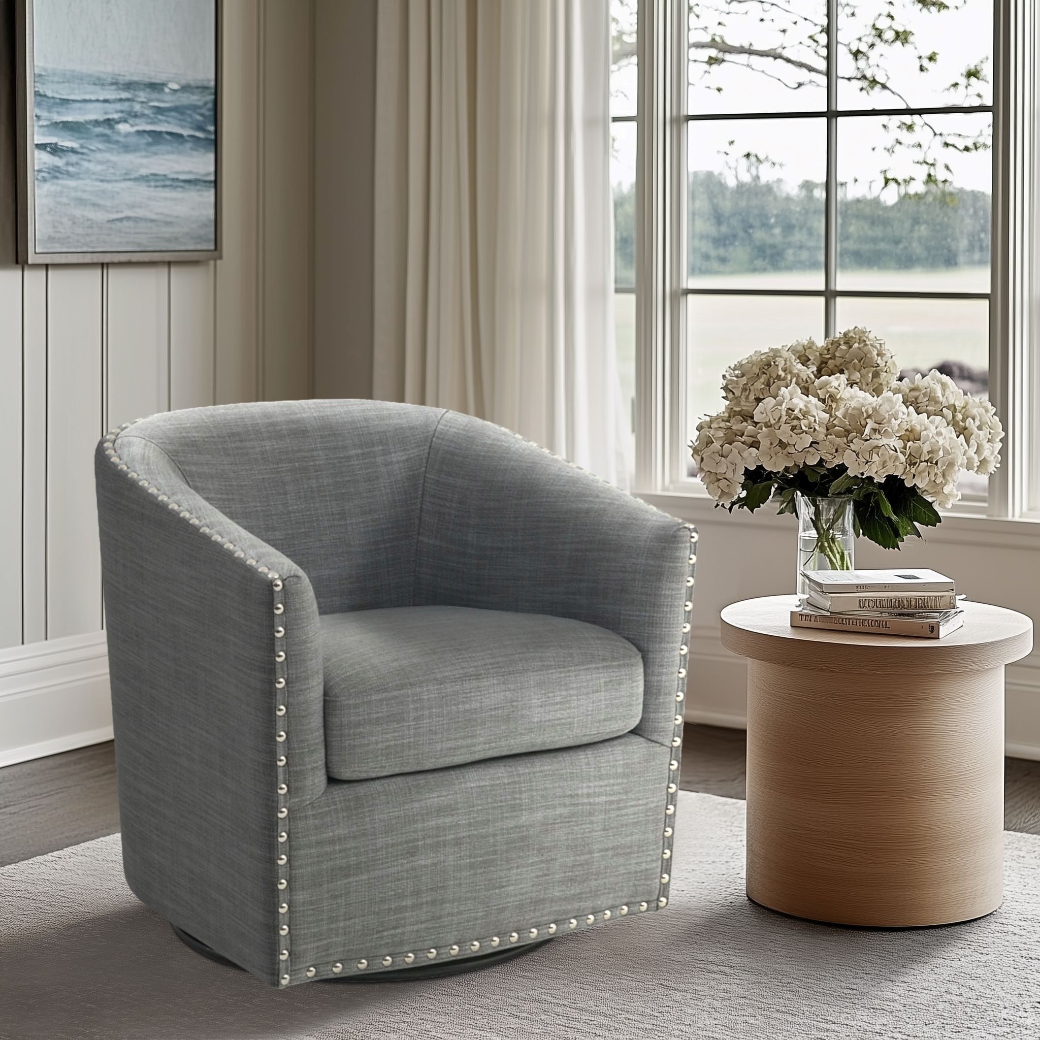 Madison Park Tyler Upholstered Swivel Barrel Chair with Nailheads Bed Bath Beyond 16340287