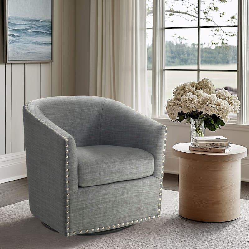 Madison Park Tyler Upholstered Swivel Barrel Chair with Nailheads