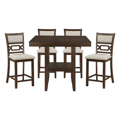 Kalen 5pc Counter Table and Dining Chairs Set, Brown Wood, Beige