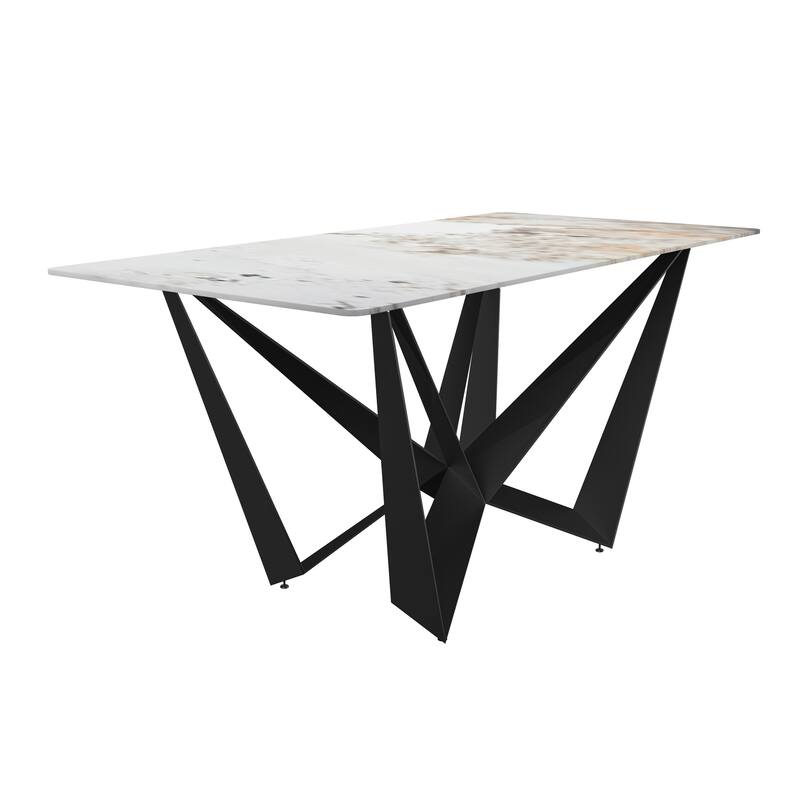 Nuvor Dining Table with Glass/Stone Tabletop in Steel Base - 62" Wide - White Grey Stone