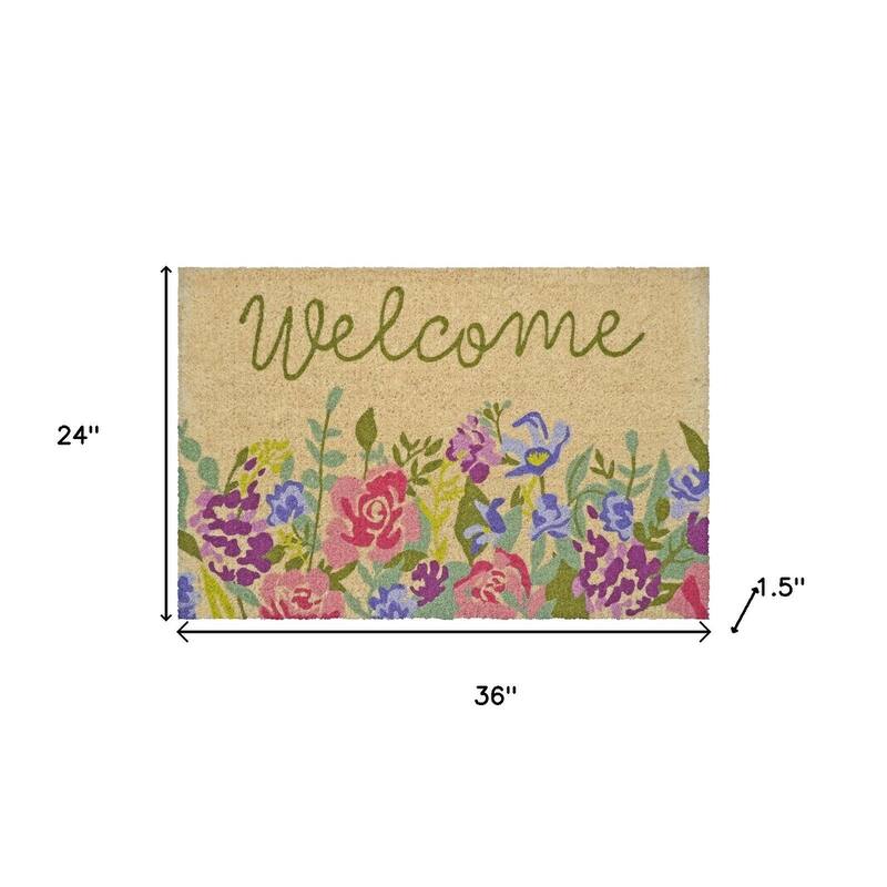 HomeRoots 24" X 36" Brown Green And Pink Floral Welcome Outdoor Coir Door Mat - 24.00' X '36.00