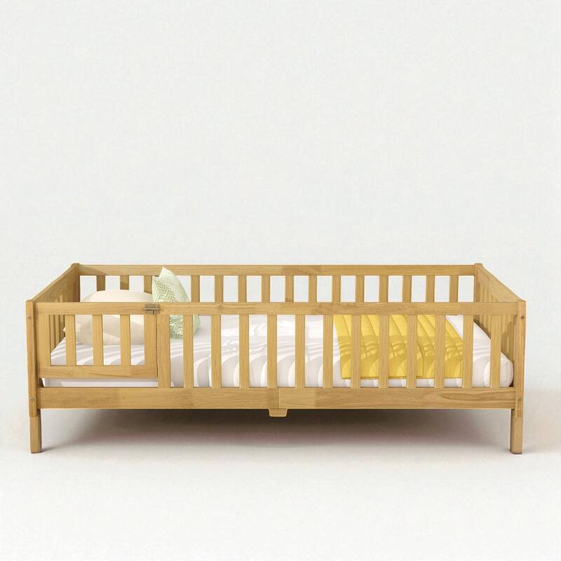Twin Size Floor Bed with Fence and Door, Rubber Wood Frame with Safety Guardrails