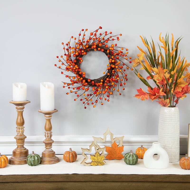 Orange Berries and Twig Artificial Fall Harvest Wreath 14- Inch, Unlit