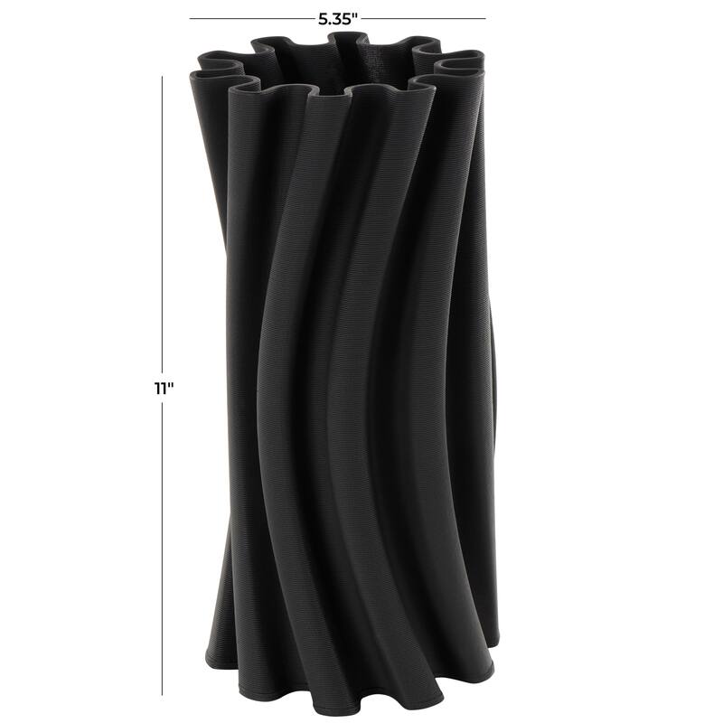 Black Ceramic Curvy Ribbed Abstract Vase with Floral Shaped Rim