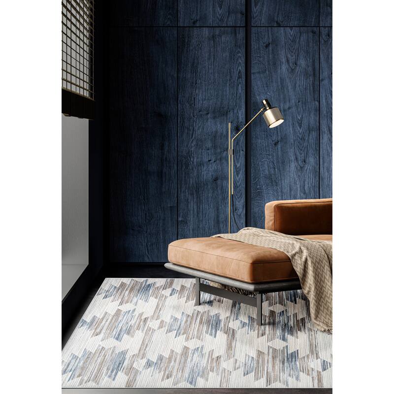 Eno Gamela Blue, Brown, Chocolate, Copper, Grey, Ivory and White Viscose Area Rug - 2'3" x 12' Runner