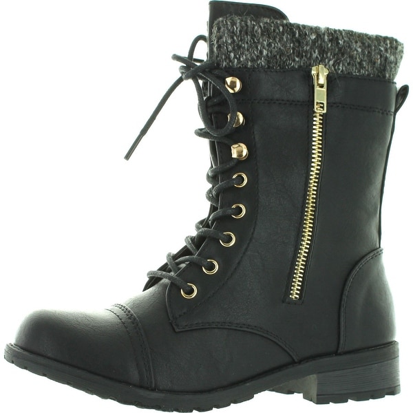 Forever Link Womens Mango-31 Round Toe Military Lace Up Knitted Ankle Cuff Low Heel Combat Boots