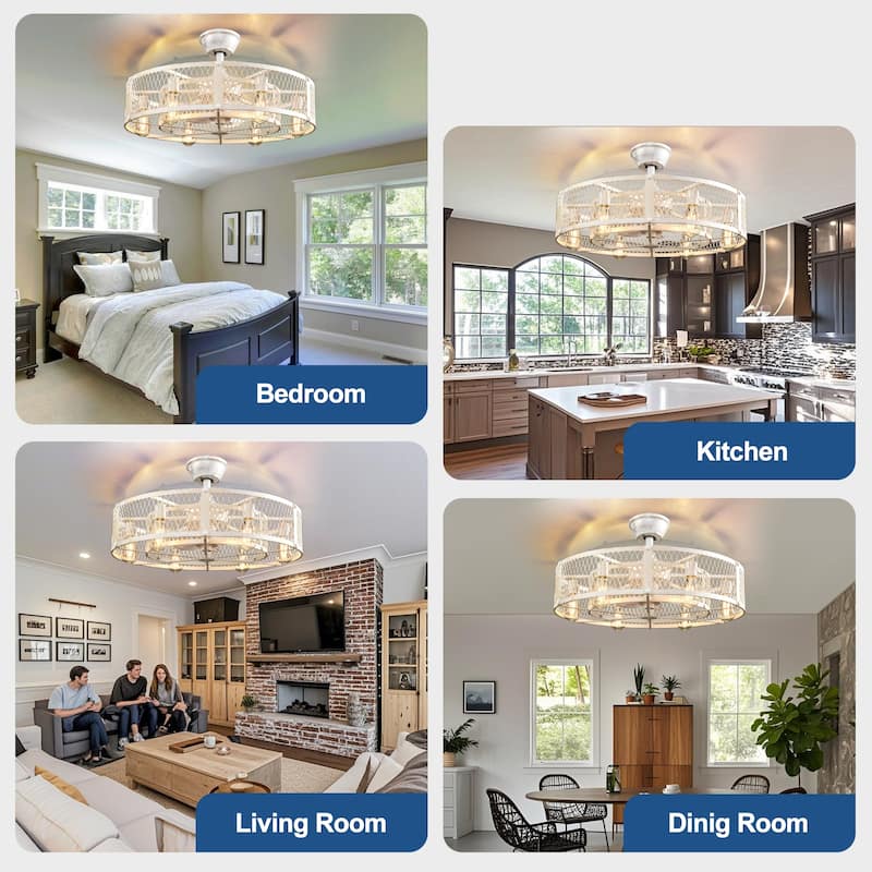 20-26" Caged outdoor Ceiling Fan with Light: Remote App Control-Farmhouse Fandelier Flush Mount Fixture Reversible 6 Speed Timer