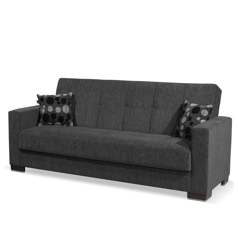HomeRoots 87" Dark Gray Chenille Convertible Futon Sleeper Sofa And Toss Pillows With Storage