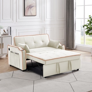 Cream Convertible Loveseat Pull-out Bed w/ Pocket Adjustable Back Chair