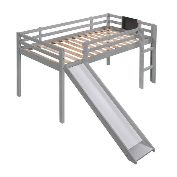 slide 2 of 27, Twin Size Loft Bed Wood Bed with Convertible Ladder and Slide, Solid Wood Twin Kids Bed Frame with Chalkboard for Boys or Girls Gray - Twin