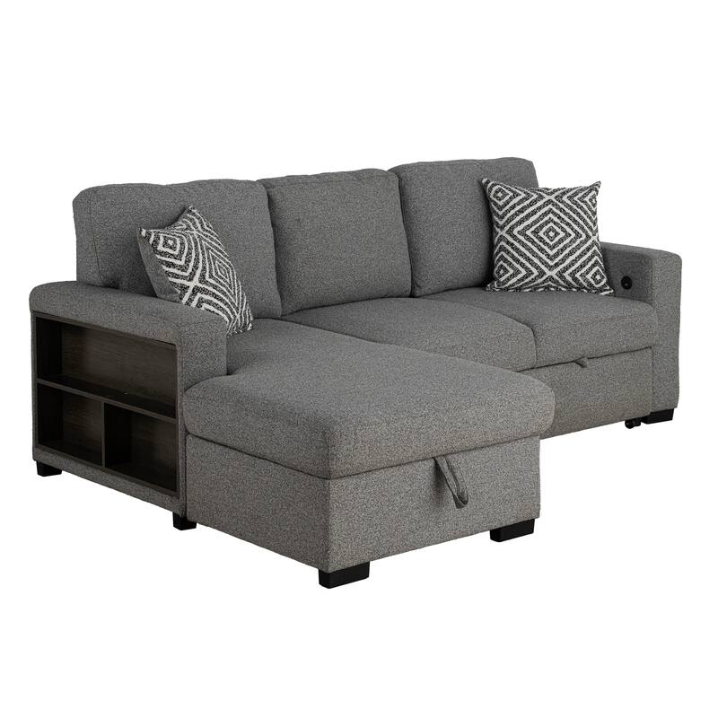 Furniture of America Oswin Modern Grey Pull-Out Sleeper Sofa Sectional with Storage Shelves and USB Ports