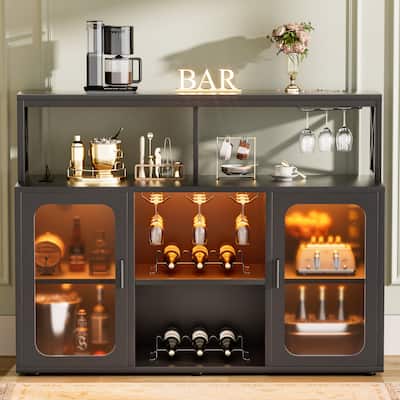 Buffet Sideboard Cabinet Wood Coffee Bar Cabinet with Power Outlets and LED lights