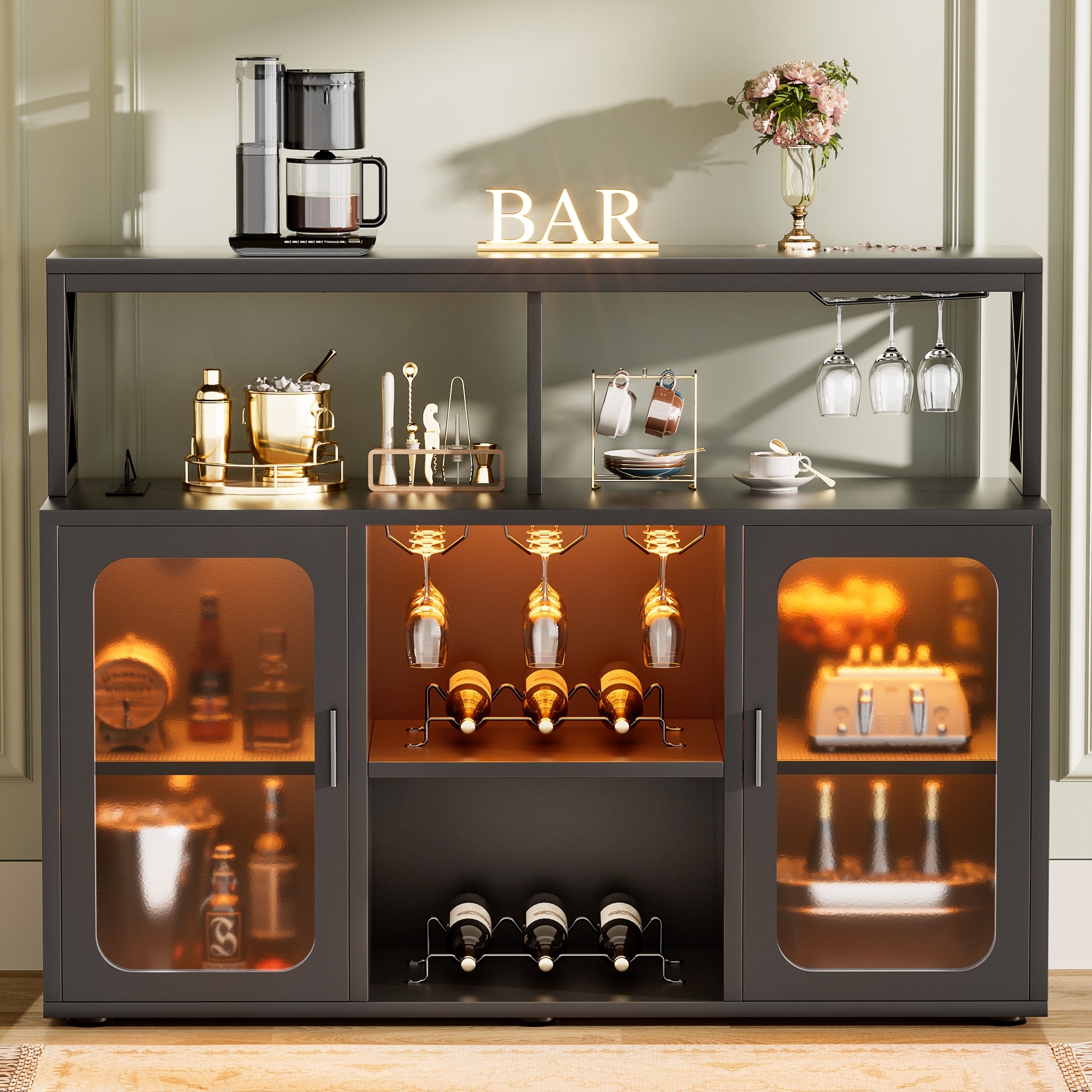 Buffet Sideboard Wood Coffee Bar Cabinet with Charging Station and LED lights