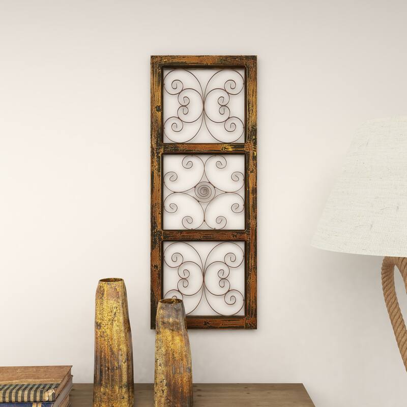 Brown Wood Distressed Panel Scroll Home Wall Decor with Bronze Metal Scrollwork