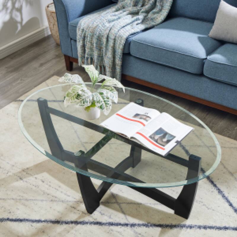 Roomfitters 48-Inch Oval Glass Coffee Table with Metal Frame and Faux Marble MDF Shelf, Modern Center Table, Living Room