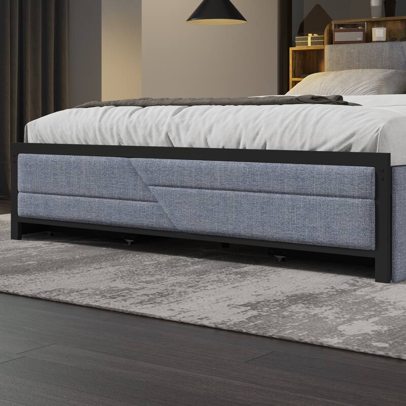 French Queen Size Bed Frame Platform with Brown/Black Storage Headboard & 4 Storage Drawers