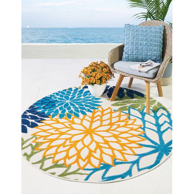 Nourison Aloha Floral Modern Indoor/Outdoor Area Rug - 5'3" Round - Green/Blue