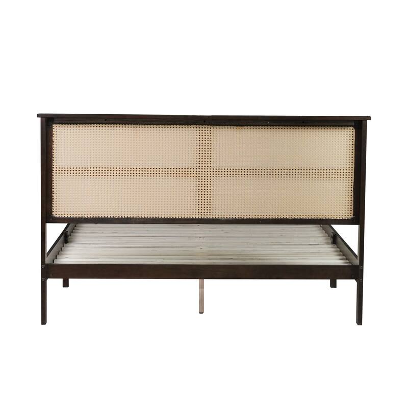 Queen Size Solid Wood Platform Bed with Rattan Headboard, Support Feet