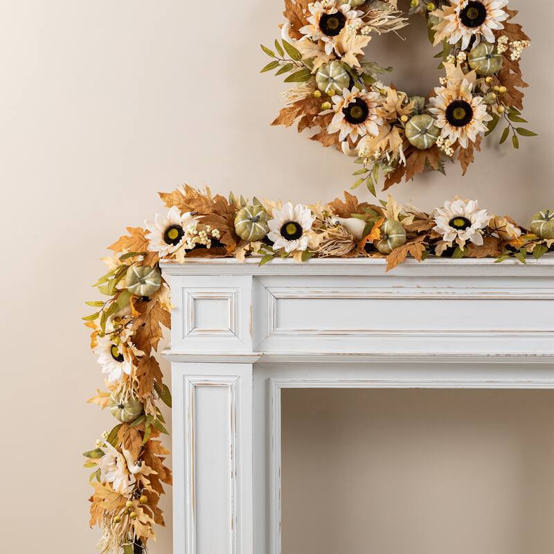 Glitzhome 5-Piece Fall Multi-Colored Sorghum Sunflower Pumpkin Wreath & Garland & Porch Tree Set