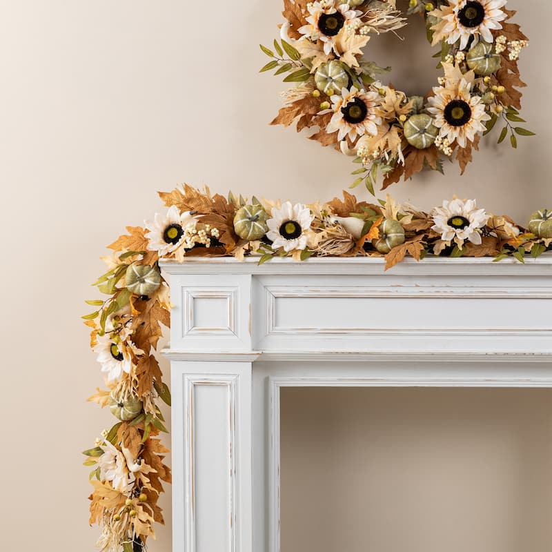 Glitzhome Fall Sunflower Pumpkin Floral Aritificial Garland or Swag Wreath with Free Hanger