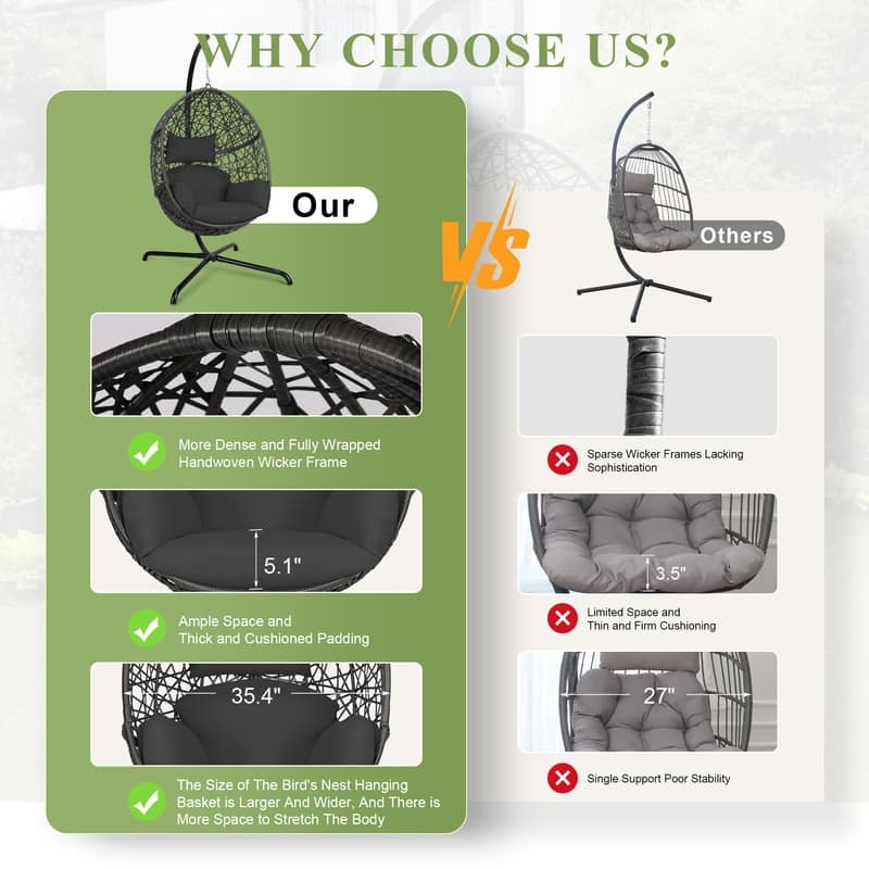 Oversized Egg Chair with Stand, 450 lbs Heavy-Duty Outdoor/Indoor Wicker Hanging Basket Chair