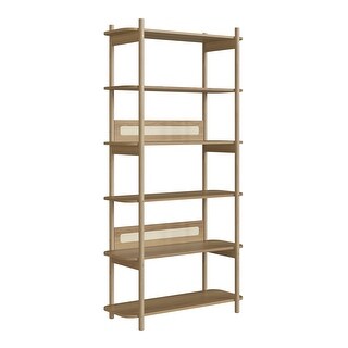 Oslo 6 Tier-Bookcase Storage Wood Legs and Rattan Accent -Coastal Oak ...