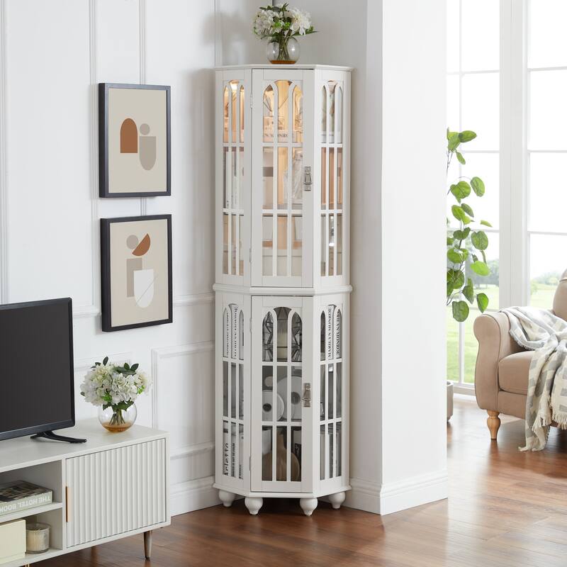 Lighted Corner Curio Cabinet, Wooden Accent Storage Cabinet, Display Cabinet with Tempered Glass Shelves & Mirrored Back