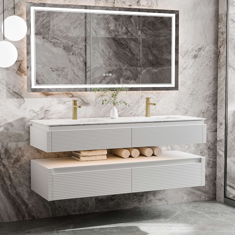 Modland 60" Modern Wall-Mounted Double Sink Bathroom Vanity with Engineered Stone Countertop, Soft-Close Drawers