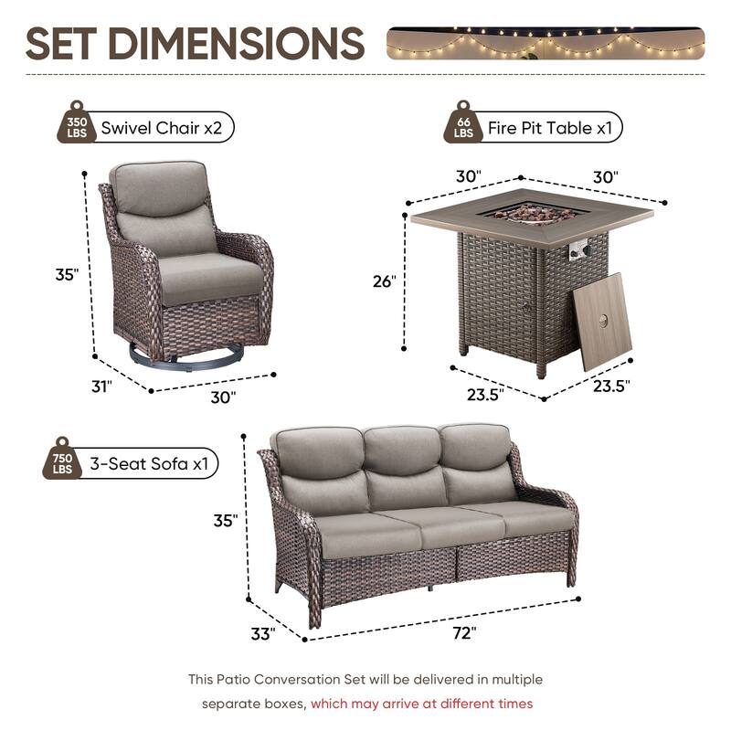 Pocassy Outdoor Propane Fire Table with Sofa Swivel Chair Table Funiture Set.