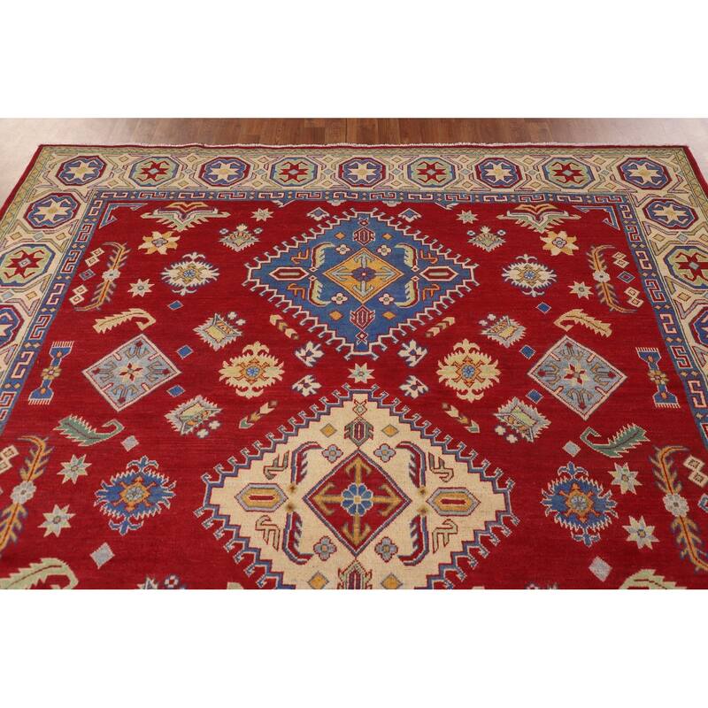 Red Geometric Kazak Rug Handmade Wool Carpet - 7'10"x 9'6"