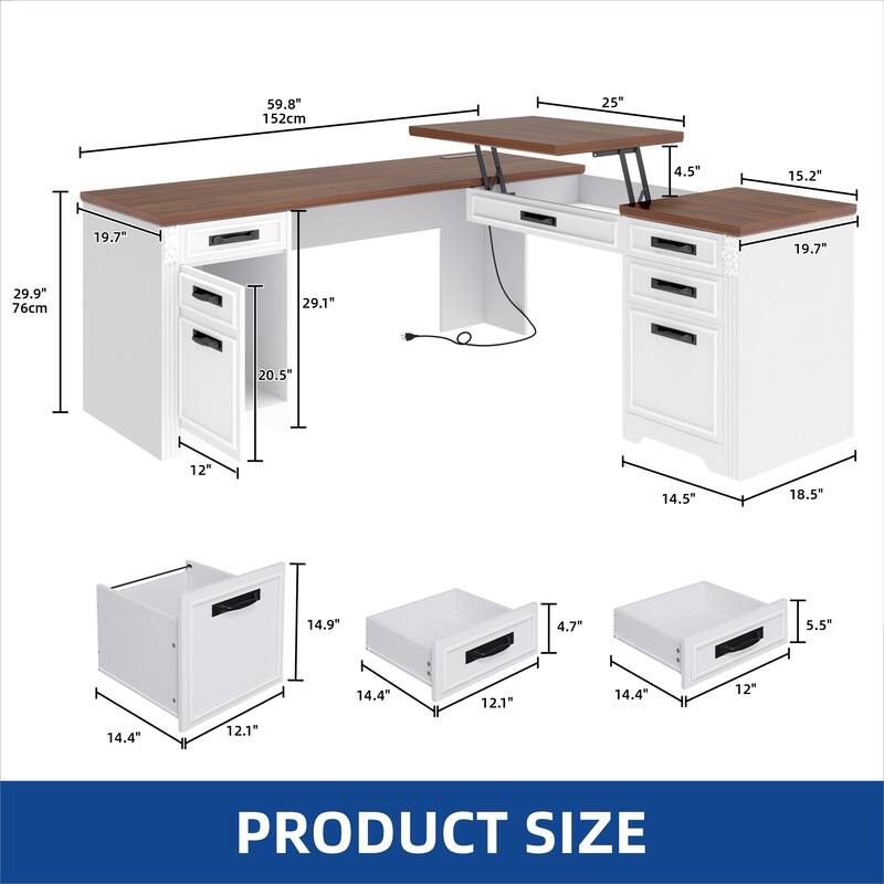 Moasis Farmhouse L Shaped Executive Desk w/Drawers, Lift Top Standing Desk with Cabinet