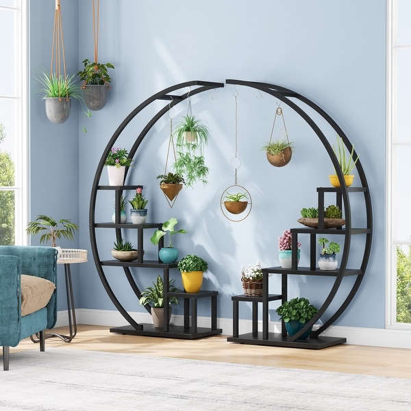 2 Pcs 6 Tier Tall Metal Indoor Plant Stand with Hanging Loop Garden Half-Moon-Shaped Multi-Purpose Plant Stands for Home Decor Plant Shelf Holder for Outdoor Clearance Patio Balcony 